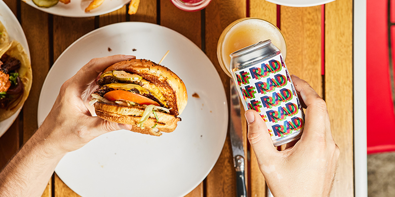Burger and RAD AF beer can at City Barrel