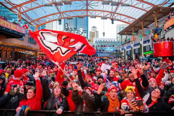 Kansas City Chiefs fans, Red Kingdom, cheering on the football team in the KC Live! Block of the Power and Light District